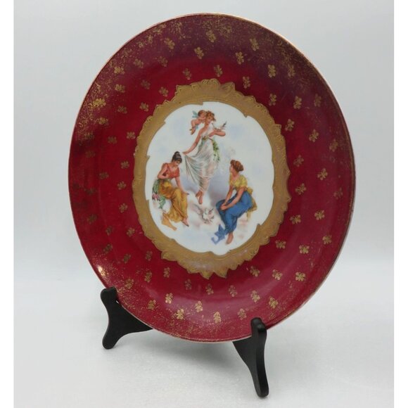 VICTORIA Carlsbad Austria Ruby Red Gilded PLATE 3 Ladies 1 Cherub Vintage 12" - Picture 6 of 10